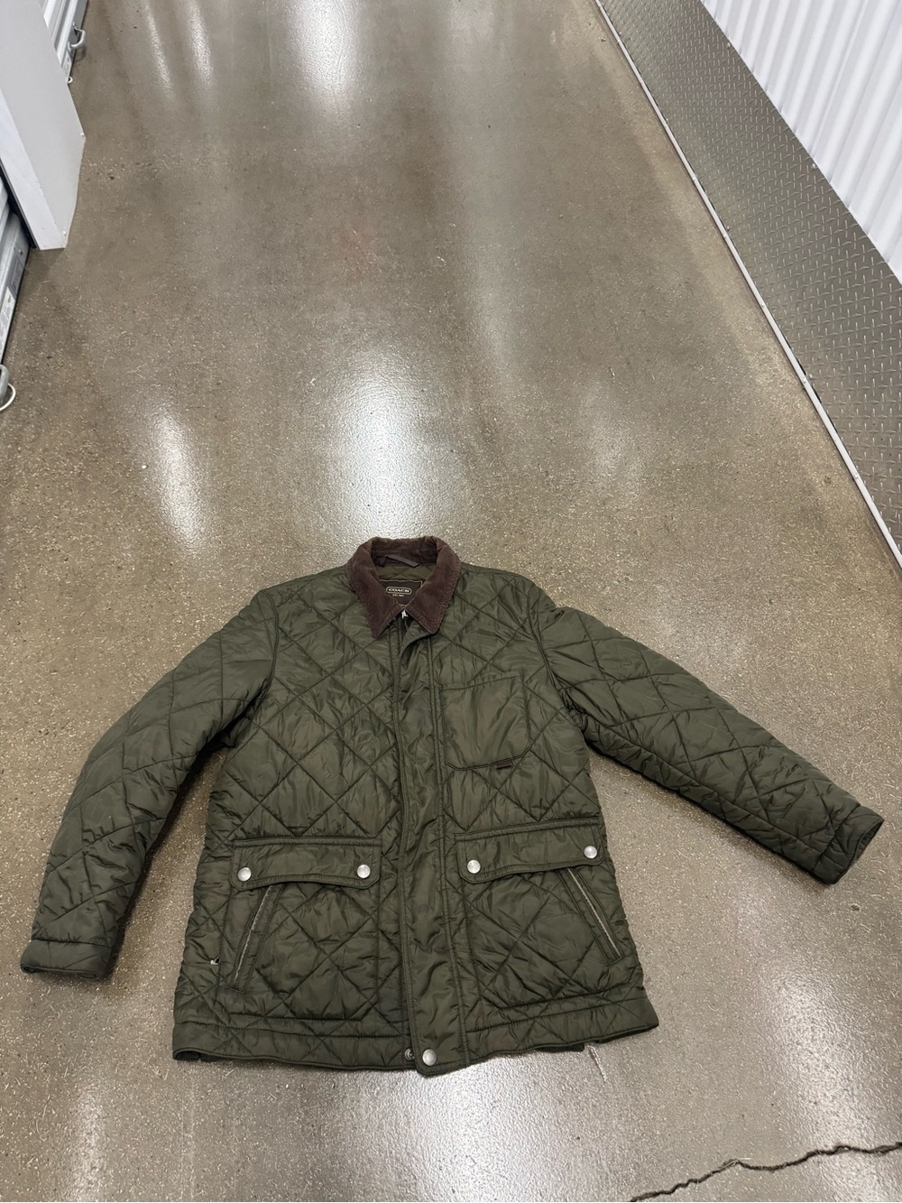 Coach Quilted Olive Green Jacket with Brown Corduroy Collar large full zip